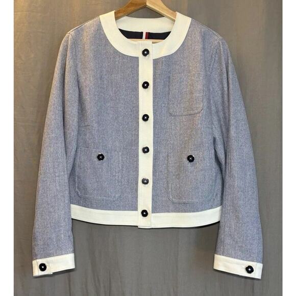 Tommy Hilfiger Womens Contrast Trim Work Wear Collarless Blazer Jacket Size 10 - Picture 1 of 16